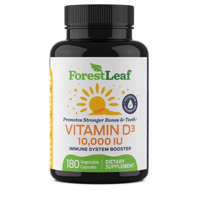 Vitamin D3 10,000 IU Bi-Daily Supplement - 180 Vitamin D-3 Capsules for Bones, Teeth, and Immune Support - ForestLeaf