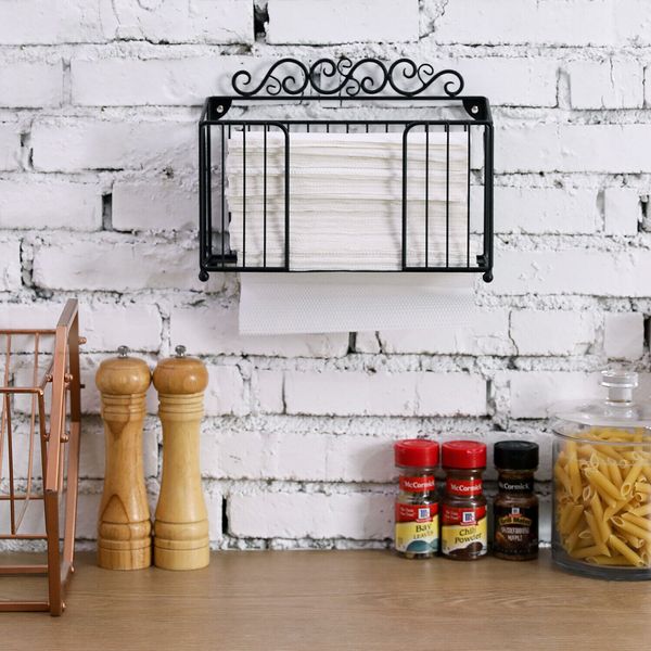 MyGift Scrollwork Black Metal Wall Mounted or Tabletop Folded Paper Towel Rack