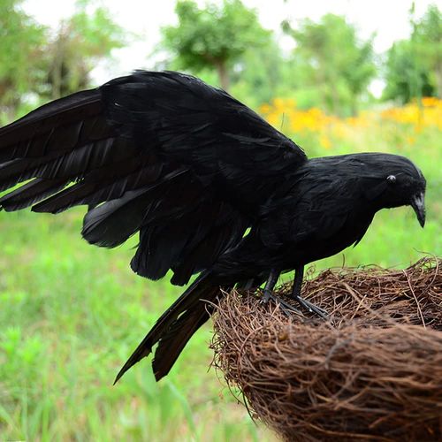 WKITKA Halloween Black Crow Realistic Handmade Feathered Crow Outdoor Home Garden Decorations Birds Raven Party Prop（15cm)