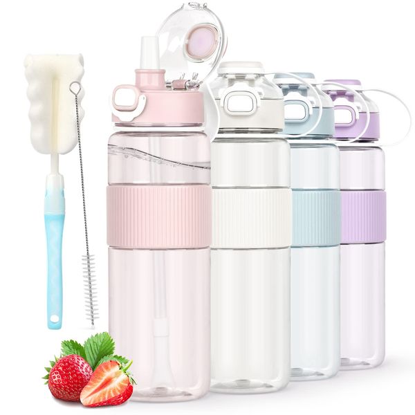 AOHAN Water Bottle with Straw, Sports Water Bottle 1l with Bottle Brush and Sticker, Leakproof Drinks Bottle, BPA Free Clear Water Bottle Ideal for Running Gym School Office and Outdoor Activity