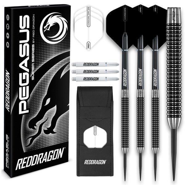 RED DRAGON Pegasus Tungsten Steel Darts Set - 30 Gram - Black Shafts, Black Extra Thick Flights and Case