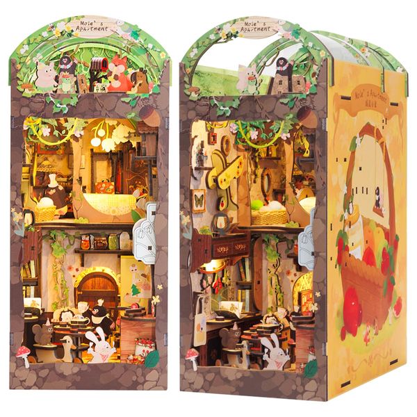 Fsolis DIY Book Nook Kit,Puppenhaus Miniatur Haus Kit mit LED Leuchten und Einsteckbar Staubschutzplatte,3D Puzzle Buchstützen aus Holz,Book Nook Kreative Geschenke für Jungen und Mädchen