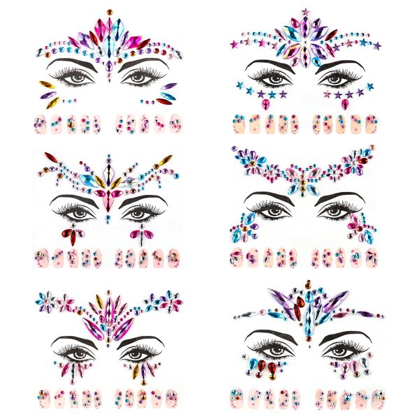 smtfcty Face Gems Glitter, 6 Pcs Gemstone Rhinestone Adhesive Face Stickers Rhinestone Face decal for Halloween Christmas Music Festival, Face Glitter Sticker Temporary Tattoo for Birthday Carnival