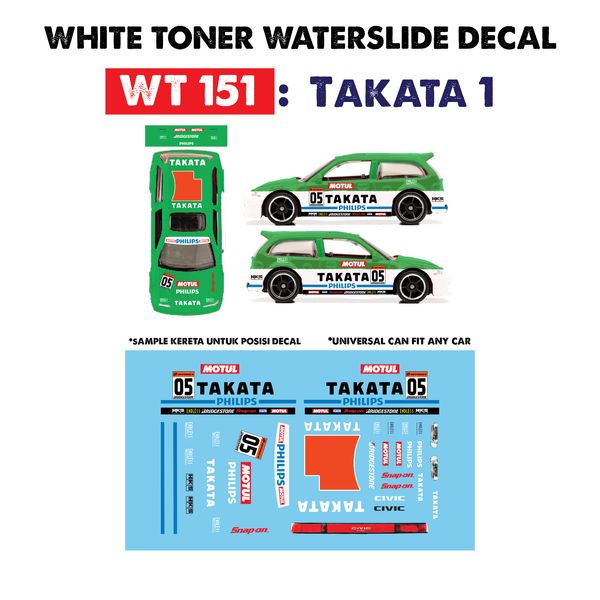 WT151 White Toner Waterslide Decals TAKATA1 For Custom 1:64 Hot Wheels