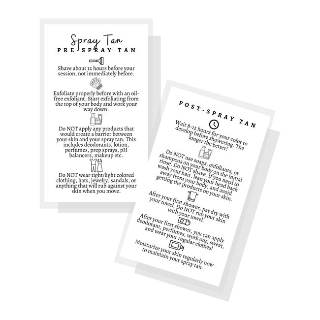 Spray Tan Pre and Post Care Aftercare Instructions | 50pk | How to Care for Your Spray tan and pre-tan Instructions Before Your Spray tan Size 3.5 x 2” Cards for Professionals Black and White