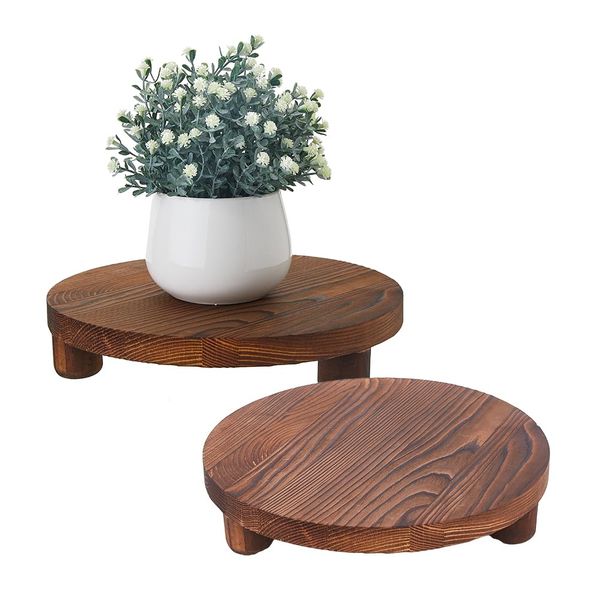 DICOSMETIC 1Pc Round Wood Riser Wood 10" Farmhouse Pedestal Stand Camel Countertop Plant Riser Kitchen Display Tray for Indoor Outdoor Soap Plants Candles Cup