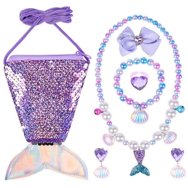 OSDUE Mermaid Bag Jewellery Gift, Mermaid Crossbody Bag Purse with Jewelry Set, Mermaid Princess Necklace Bracelet Rings Earrings, Princess Role Play Dress Up Jewelry Accessories Party Favors Gift