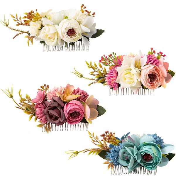 Cinaci 4 Pack Large Artificial Flower Metal Hair Side Combs Floral Slide Hair Clips Wedding Bridal Headpieces Hairpins Barrettes Decorative Hair Comb Bun Accessories for Women Girls Brides Bridesmaids