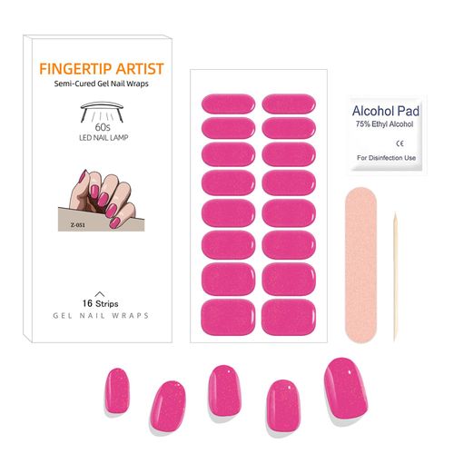 16Pcs Semi Cured Gel Nail Strips, Salon-Quality Glitter Self-Adhesive Gel Nail Polish Stickers, Solid Color Gel Nail Wraps French Manicure Kit with 2 Prep Pads, Nail File & Wooden Stick - Hot Pink