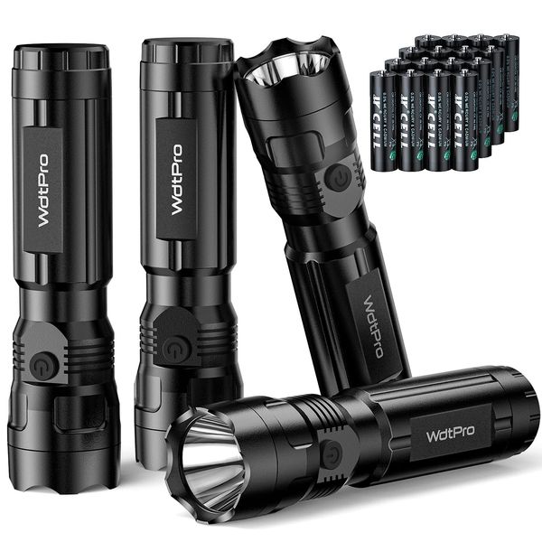 WdtPro 4 Pack LED Flashlights, Bright Flashlight with 16 AAA Batteries, Super Long Battery Life, Single Mode, High Lumens, EDC Flash Lights for Emergencies, Hurricane Supplies, Camping