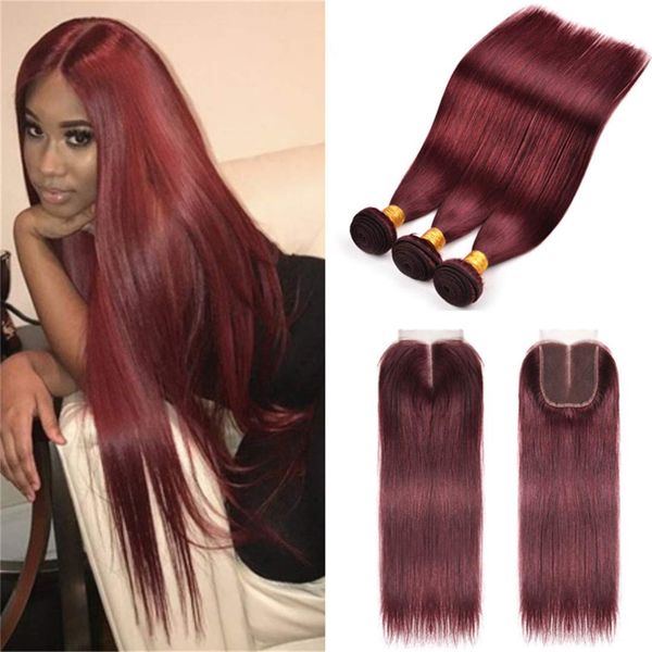 8A Brazilian Virgin Hair 99j Burgundy Straight Hair Weaves 3 Bundles with Lace Closure 4x4 Free Part Red Wine Color 100% Unprocessed Human Hair Weft Weaves (12 14 16 with 12c, 99j/burgundy/wine red)…