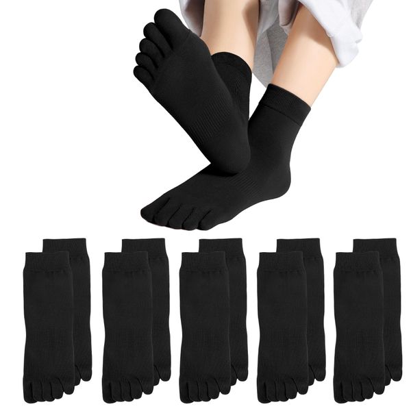 KQueenStar Women's Five Toe Socks, 5 Toe Socks, Toe Socks, Sneaker Socks, Cotton, Slip Resistant, Non-Slip, Thin, Sweat Absorbent, Breathable, Antibacterial, Odor Resistant, Casual, Set of 5 Pairs, Black 5 Pair Set