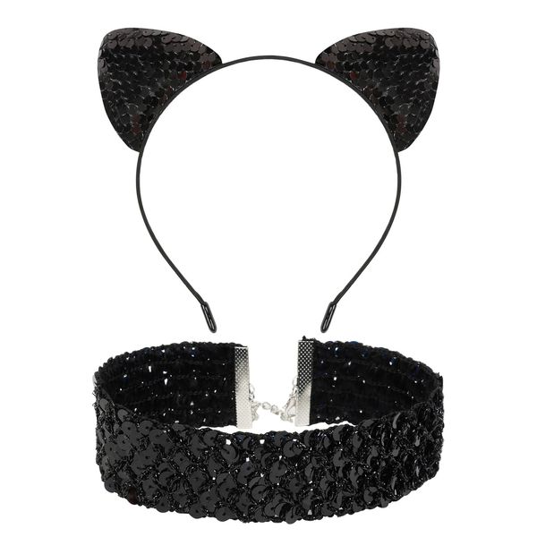 TEBIEKOY Black Cat Costume Accessories for Women and Girls Catwoman Costume Halloween Cosplay Party Sequin Cat Ears Headband and Choker Necklace for Women