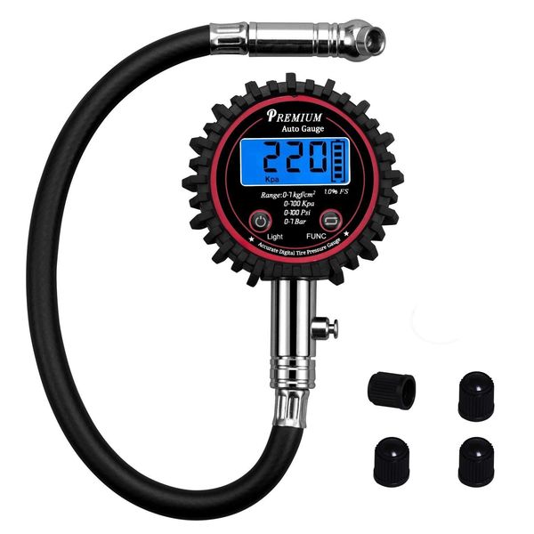 Digital Tyre Pressure Gauge, Car Tire Pressure Gauge for Truck Car Motorcycle Bicycle with Hose and Backlight LCD Display