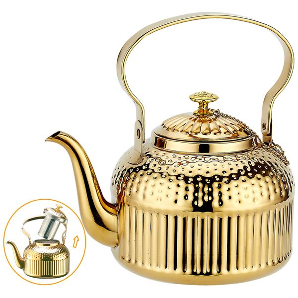 SANQIAHOME HD Gold Teapot with Infuser 52oz(1.5 litres) 5-6 Cups, Stainless Steel Water Boilers Loose Leaf Tea Maker Water Kettle for Stovetop Induction/Gas