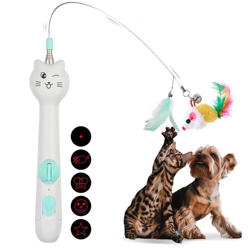 Cat Toys for Indoor Cats Retractable Cat Wand, with Feather & Mice, 3-in-1 Laser Pointer Interactive Cat Toy, 5 Modes, Kitten Toy for Indoor Cat and Dog (Green)