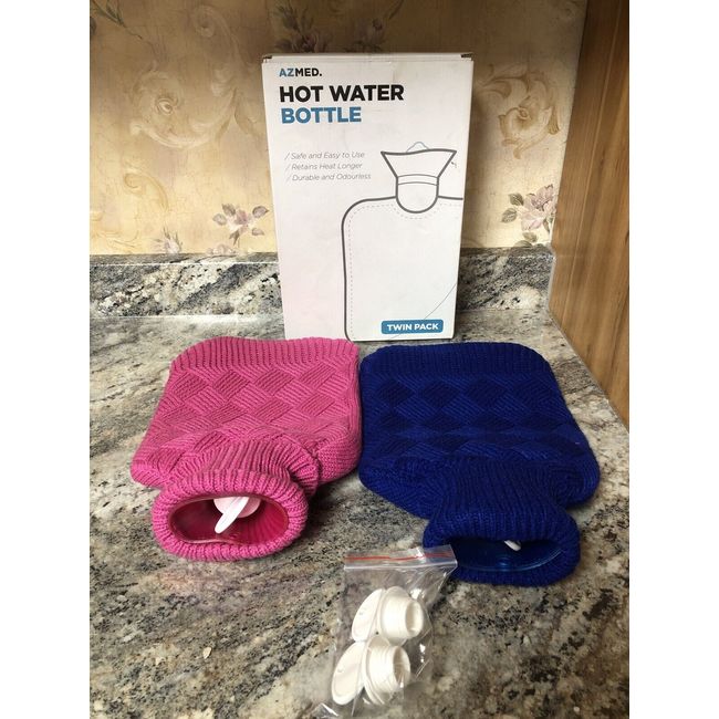 Open Box AZMED Classic Rubber Hot Water Bottle W/ Knitted Blue Pink Covers