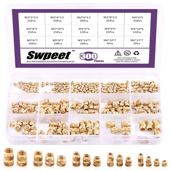 Swpeet 300Pcs 5 Values M2 M3 M4 M5 M6 Female Thread Knurled Nuts Brass Threaded Insert Embedment Nuts Hydraulic Welded Joint Injection Molding Assortment Kit Perfect for 3D Printing Injection Molding