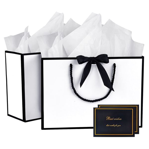 Gift Bags Medium, 2Pcs Paper Gift Bag with 4 Tissue Papers and 2 Cards, Present Bags with Handles for Women Girls Bridesmaid Birthday Valentines Wedding Party (Black-White)