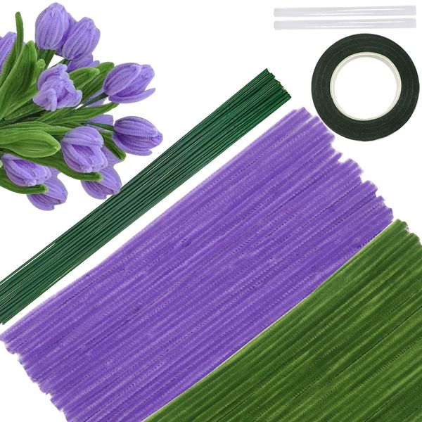 TOAOB 200pcs Pipe Cleaners DIY Tulips Bouquets Making Kit Purple Chenille Stems Craft Supplies Artificial Flowers Craft Kit for DIY Art and Crafts Party Wedding Home Decorations