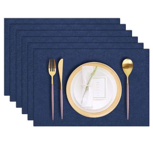 LANDVIEW Cloth Placemats Set of 6, Cotton Linen Blend Machine Washable Durable Linen Table Mats, Heat Resistant Placemats Wrinkle Free Place Mats for Dining Table, Easy to Clean (Navy Blue, 6)