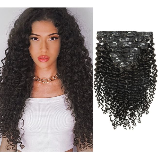 Caliee 3B 3C Curly Clip in Hair Extensions 22Inch Natural Black 1B Jerry Curly Human Hair Extensions Full Head 8A Thick End Hair Extensions JC Clip Ins 120G 7Pcs with 17Clips/Set
