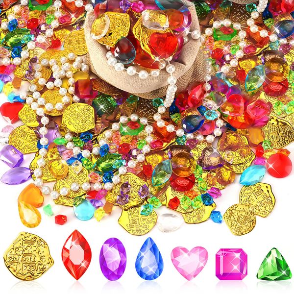 MARFOREVER Pool Toys Pirate Treasure Gems and Gold Coins, 246 Pcs Fake Coins Plastic Gems Jewels Playset for Summer Sand Beach Bath Toys Halloween Pirate Adventure Party Favors Decorations