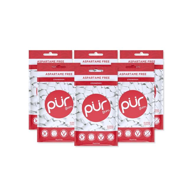 PUR Gum | Aspartame Free Chewing Gum | 100% Xylitol | Sugar Free, Vegan, Gluten Free & Keto Friendly | Natural Cinnamon Flavored Gum, 55 Pieces (Pack of 6)