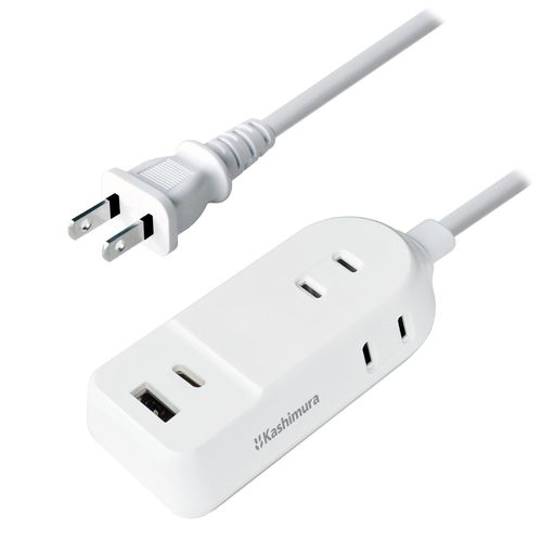 Kashimura NAC-043 Reversible USB + Type-C Power Strip with 6.6 ft (2 m) Cord Length USB-A 1 Port, 1 USB-C Port, 3 AC Outlets, White
