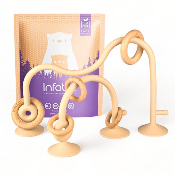 Infatot® Suction Toy Baby - Baby Toys 6 Months Plus - Wood & Silicone Baby Sensory Toys for Babies - Baby Sensory Toys, Wooden Baby Toys, High Chair Toys for Early Development Baby Gifts - Cream