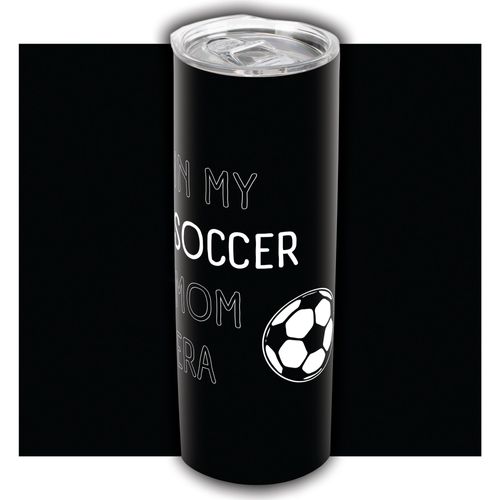 Elanze Designs In My Soccer Mom Era Ball Sport Wrap-Around Design 20 Ounce Stainless Steel On-The-Go Coffee Travel Insulated Skinny Tumbler Mug Cup, Slide Top Lid, MRC-20OZ-SH247