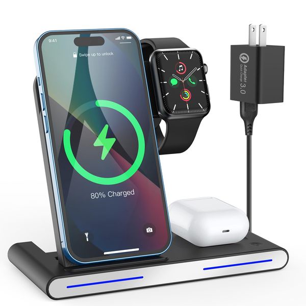 3-in-1 Wireless Charger, Foldable, Multi-Charging Stand, Quick Charging, 15 W/10 W/7.5 W/5W, USB Type C Terminals, 3 Devices Simultaneously Charging, Quick Charging, Just Place It On The Same Time,