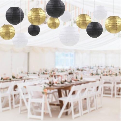 12pcs Black Gold White Paper Lanterns,Round Hanging Paper Lampshade,Birthday,Baby Shower,Wedding,Party,Ceiling Decoration（4" 6" 8" 10" ）