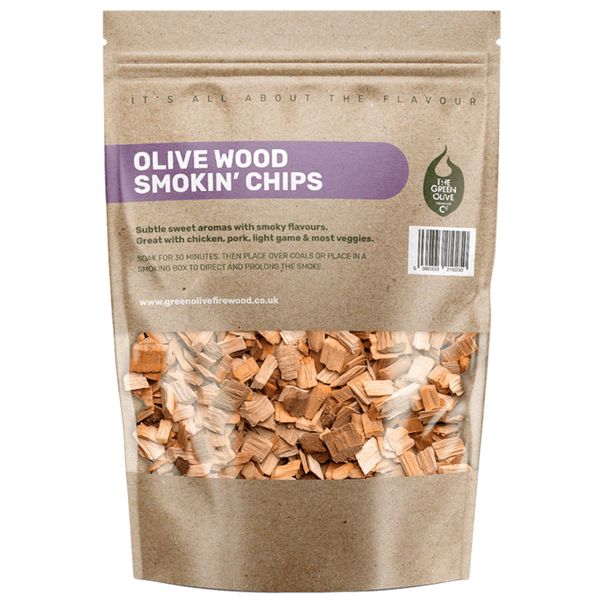 Green Olive Firewood - Wood Chips for smoking, 3L - bbq wood chips Ideal for use In BBQ's or Smokers - Flavoured smoking wood chips, for smoking meat, fish and even vegetables - Olive