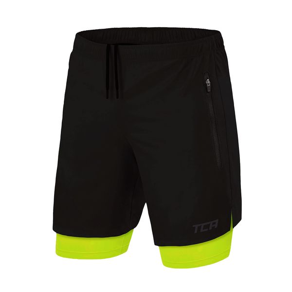 TCA Ultra 2 in 1 Compression Shorts Men Running Gym Shorts for Men with Zipped Pockets - Black/Lime Punch (2X Zip Pockets), XL