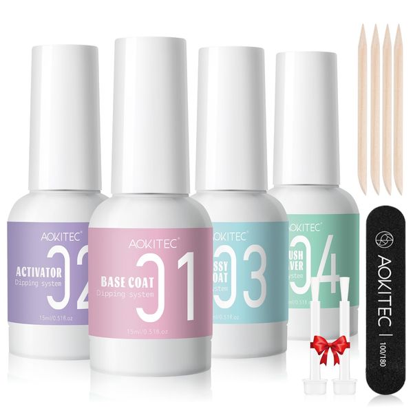 Aokitec 4+8PCS Dip Powder Liquid Set - 4*15ml Dip Base/Activator/ Top Coat/ Brush Saver for Dipping Powder System Dip Nails with Basic Nail Tools Dip Powder Nail Kit for DIY Manicure Salon-Quality