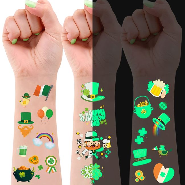 St. Patrick's Day Temporary Tattoos Sticker, 20 Sheets Luminous Temporarty Tattoo Shamrock Supplies Glow In The Dark Decorative Stickers for Saint Patrick's Day Party Favor Decoration