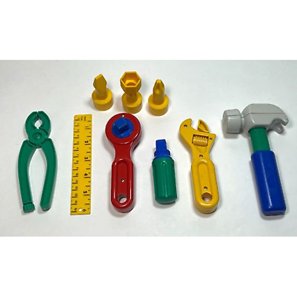 Set 6 Vintage Pretend Play Toy Tools – Ruler Ratchet Screwdriver Hammer Pliers +