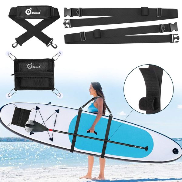 Odoland Tragegurt mit Decktasche von Paddle Board SUP, Verstellbarer Hochleistungs-Tragegurt Stand Up Paddle Board Träger/Aufbewahrungsschlinge für Surfbretter, Paddleboards, Longboards und Kajaks