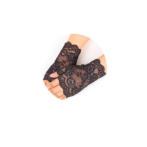 Clataly Bridal Wedding Gloves Sunscreen Gloves Lace Half-finger Gloves Fingerless Lace Gloves Short Yarn Mesh Hand Sock Gloves (Black1)