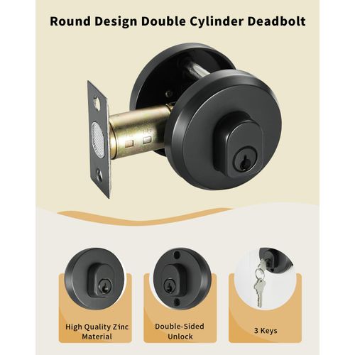 Double-Sided Keyed Round Deadbolt Lock - Matte Black, Exterior Door Lock with Pick Resistant Cylinder, Zinc Alloy Construction for Front Entry Doors