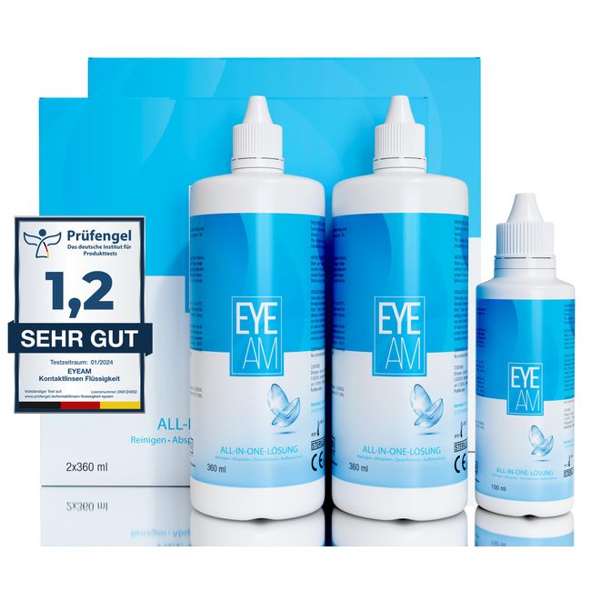 EyeAm Kontaktlinsen Fluessigkeit – 4x360ml + 2x100ml GRATIS (Reise-Set) Kontaktlinsenflüssigkeit für das Reinigen von weichen Kontaktlinsen (All-In-One Lösung)(4 x 360ml)