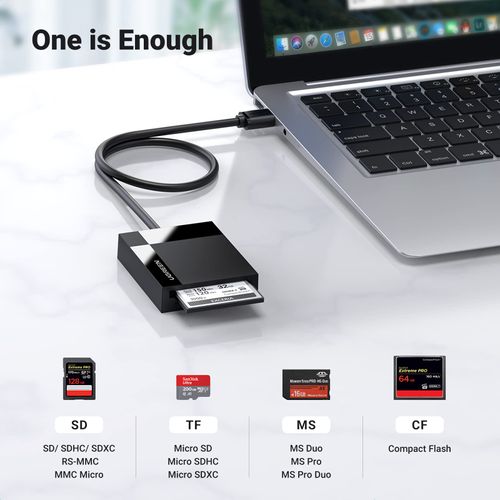UGREEN SD Card Reader USB 3.0 Card Hub Adapter 5Gbps Read 4 Cards Simultaneously CF, CFI, TF, SDXC, SDHC, SD, MMC, Micro SDXC, Micro SD, Micro SDHC, MS, UHS-I (Black)