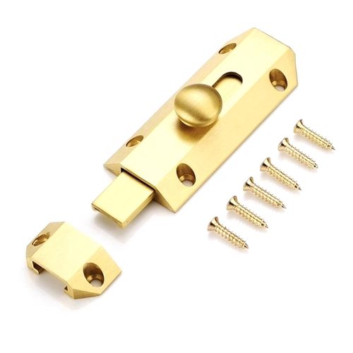 FARFELLNY Security Slide Latch Door Lock Bolt,Slide Door Locks,3.7" Pure Solid Brass Surface Bolt Latchs,Bolt Latch Lock,with Screws,Used for Door,Window and Cabinet etc (Gold)