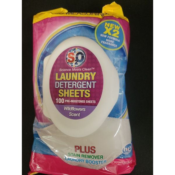 S2O Laundry Detergent Sheets Plus Stain Remover Booster, Wildflower, 100 Sheets