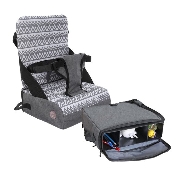 Dreambaby Grab ‘N Go Travel Booster Seat with Built-in Storage Space, Portable Highchair Booster Seat for Tables, High-Back Seat and Foldable for Baby Travel, Secured with a 3-Point Harness, Grey