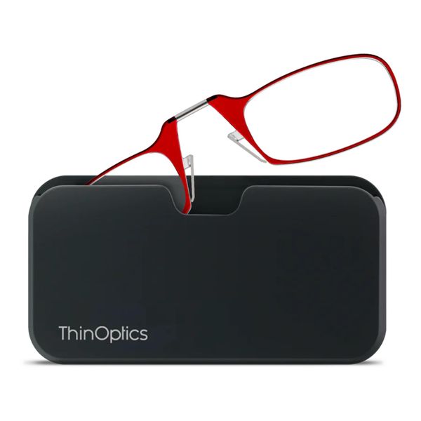 ThinOptics Reading Glasses 1.00 Red Frames With Universal Pod Compact Case - Ultra-light Foldable Rectangular Glasses - Clip-on Nose - 1.00 Strength With Flex-Fit Technology