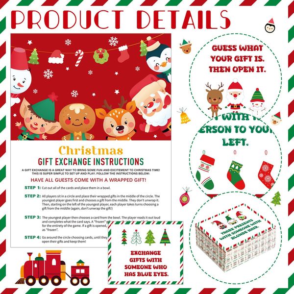 Fullhawl 61 Pcs Christmas Games Exchange Game Gift Christmas Family Games Cards White Elephant Gift Exchange Cards Holiday Present Swap Party Game for Family Adult Coworker Groups Xmas Party Supplies