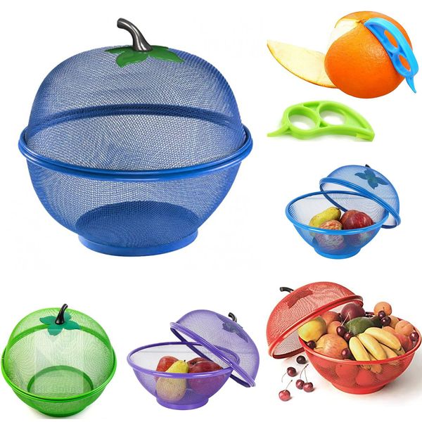 Blue Apple Mesh Fresh Fruits Basket & Ring Citrus Peeler, Fruit Bowl, Decorative Tablepiece -Keep Unwanted Pets, Bugs & Insects Out (1 Blue)