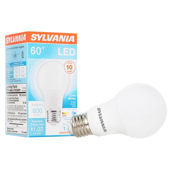 SYLVANIA LED Light Bulb, 60W Equivalent A19, Efficient 8.5W, Medium Base, Frosted Finish, 800 Lumens, Cool White - 1 Pack (74321)